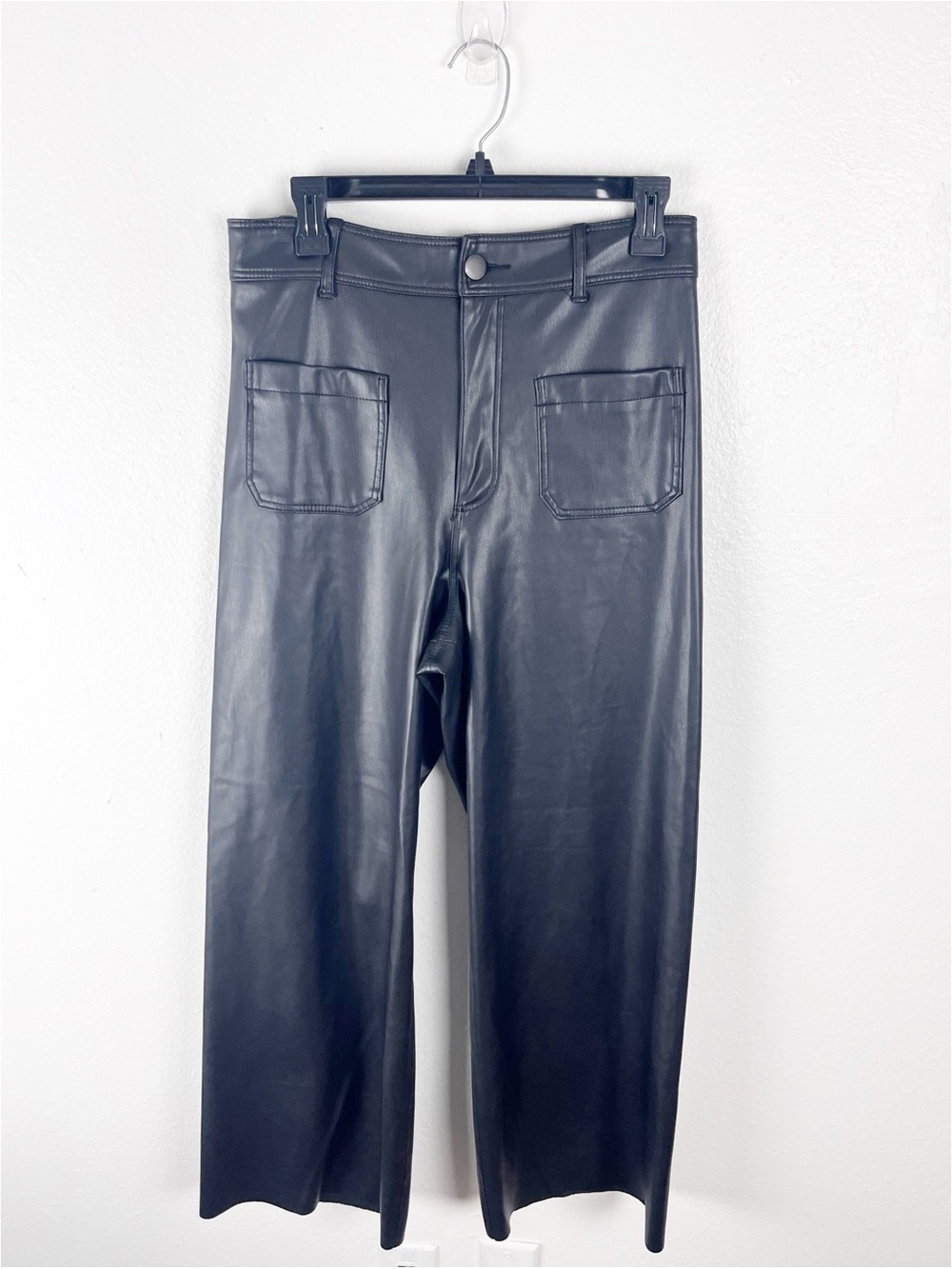 ZARA Black Faux Vegan Leather High Rise Wide Leg Raw Hem Pants Size 8 Minimalist